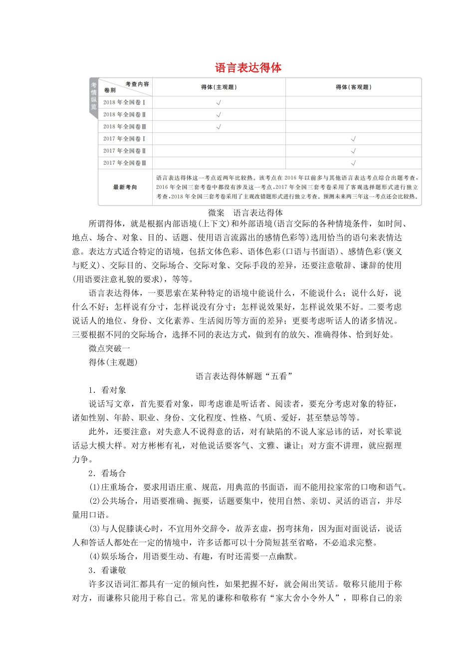 高考语文一轮复习 第三编 语言文字应用 专题四 微案 语言表达得体学案（含解析）-人教版高三全册语文学案_第1页