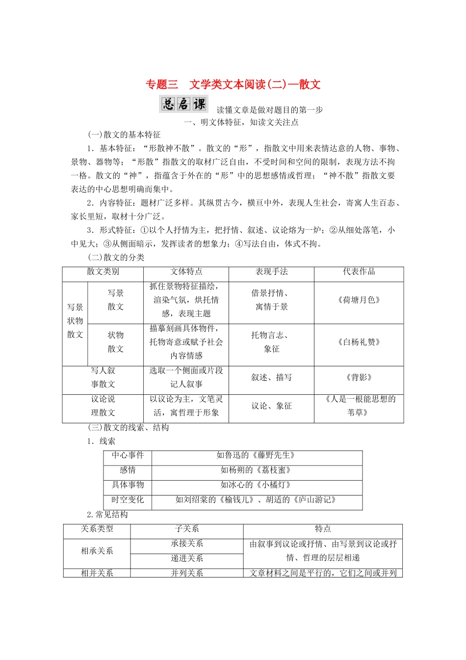 高考语文一轮复习 第一板块 现代文阅读 专题三 文学类文本阅读（二）-散文讲学案 新人教版-新人教版高三全册语文学案_第1页
