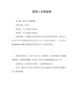 浩单1号玉米品种