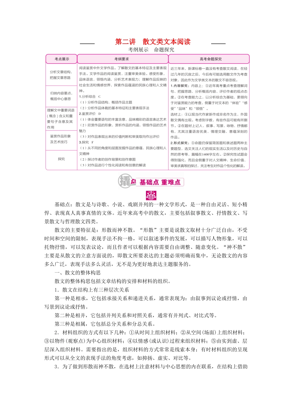高考语文一轮复习 专题十二 文学类文本阅读（选考）第二讲 考点一 分析文章结构把握文章思路教学案（含解析）-人教版高三全册语文教学案_第1页