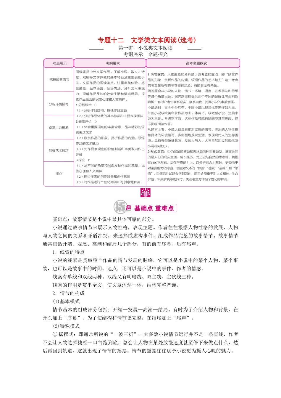 高考语文一轮复习 专题十二 文学类文本阅读（选考）第一讲 考点一 把握故事情节教学案（含解析）-人教版高三全册语文教学案_第1页