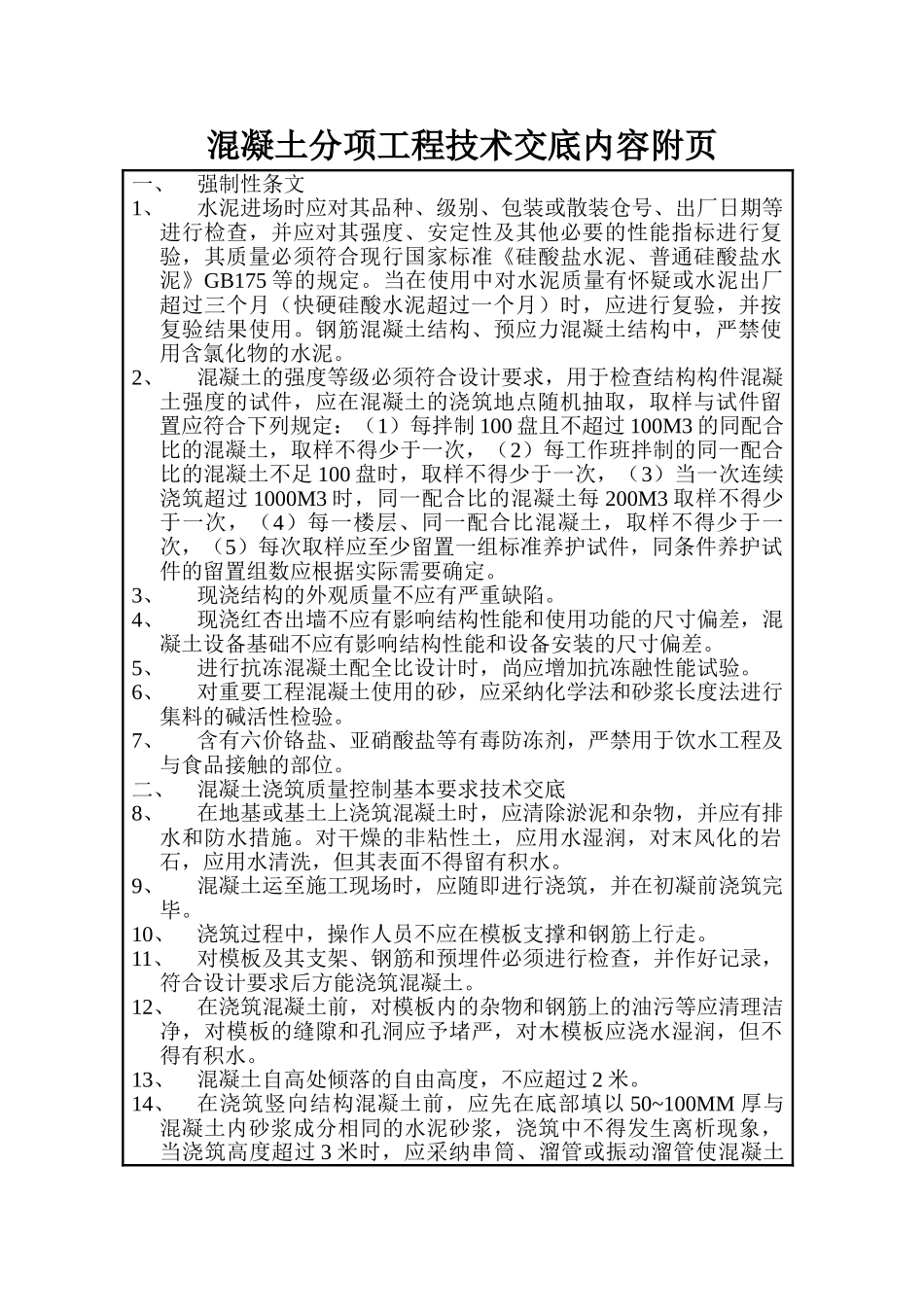 混凝土分项工程技术交底内容附页_第1页