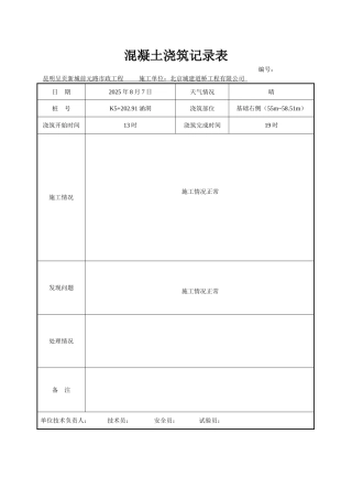 混凝土浇灌记录表-----施工单位用表
