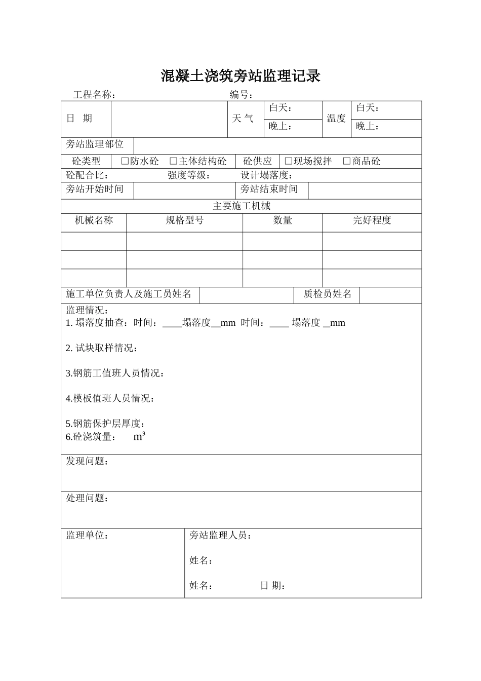 混凝土浇筑旁站监理记录_第1页
