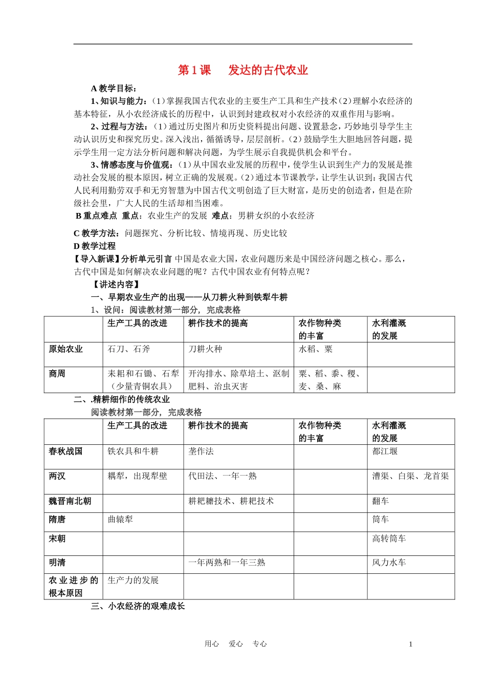 高中历史 1.1《发达的古代农业》教案6 新人教版必修2_第1页