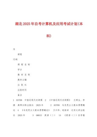 湖北2025年自考计算机及应用考试计划