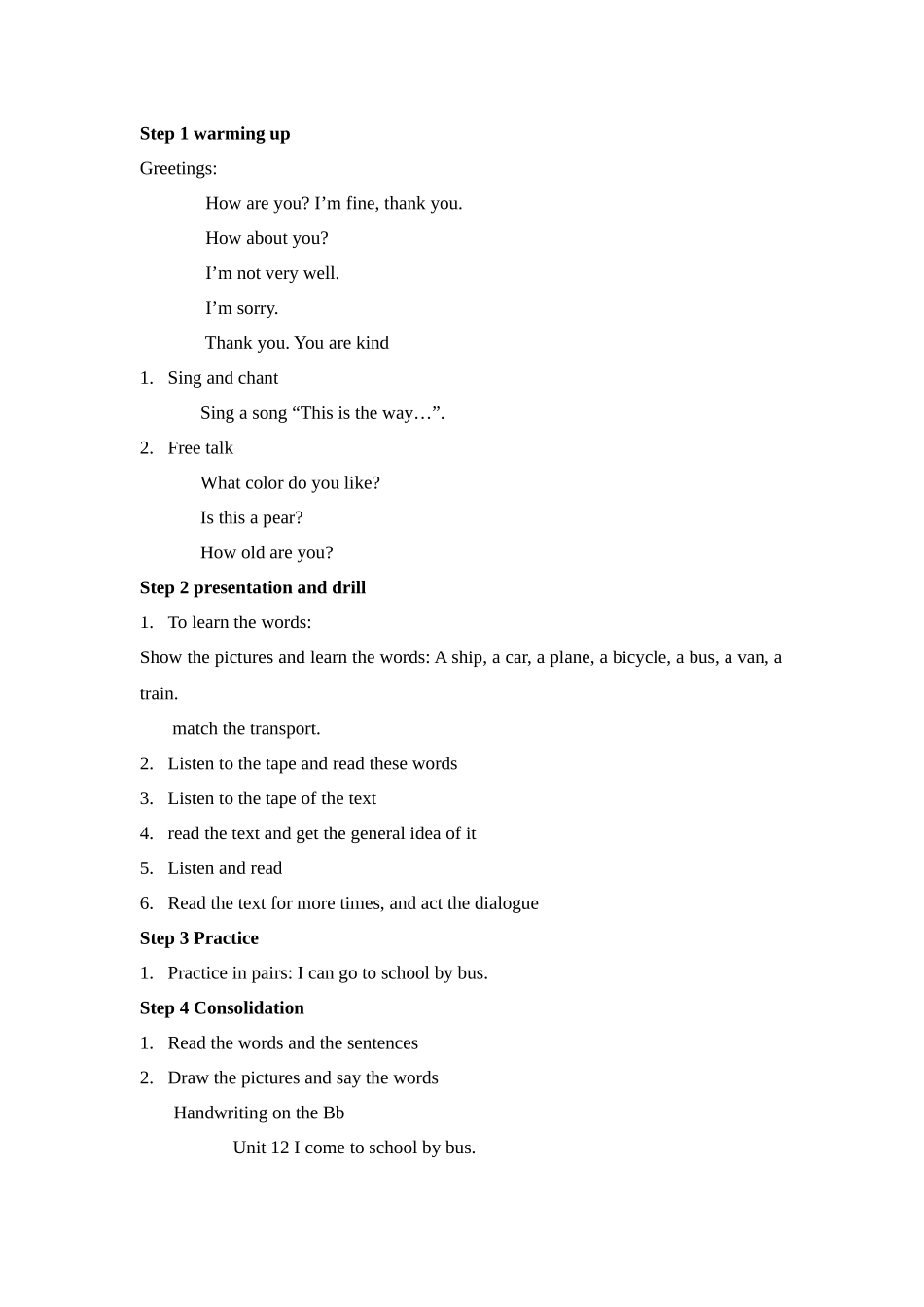 湘少版三下《Unit-12-I-come-to-school-by-bus》教案_第2页