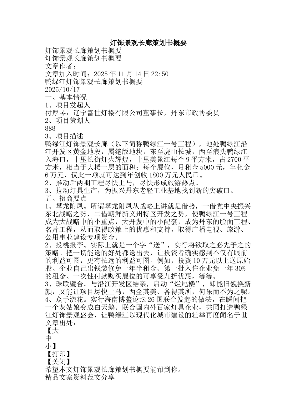 灯饰景观长廊策划书概要-精品文案范文_第1页