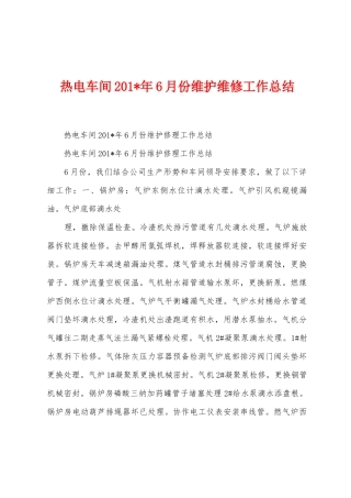 热电车间2025年年6月份维护维修工作总结