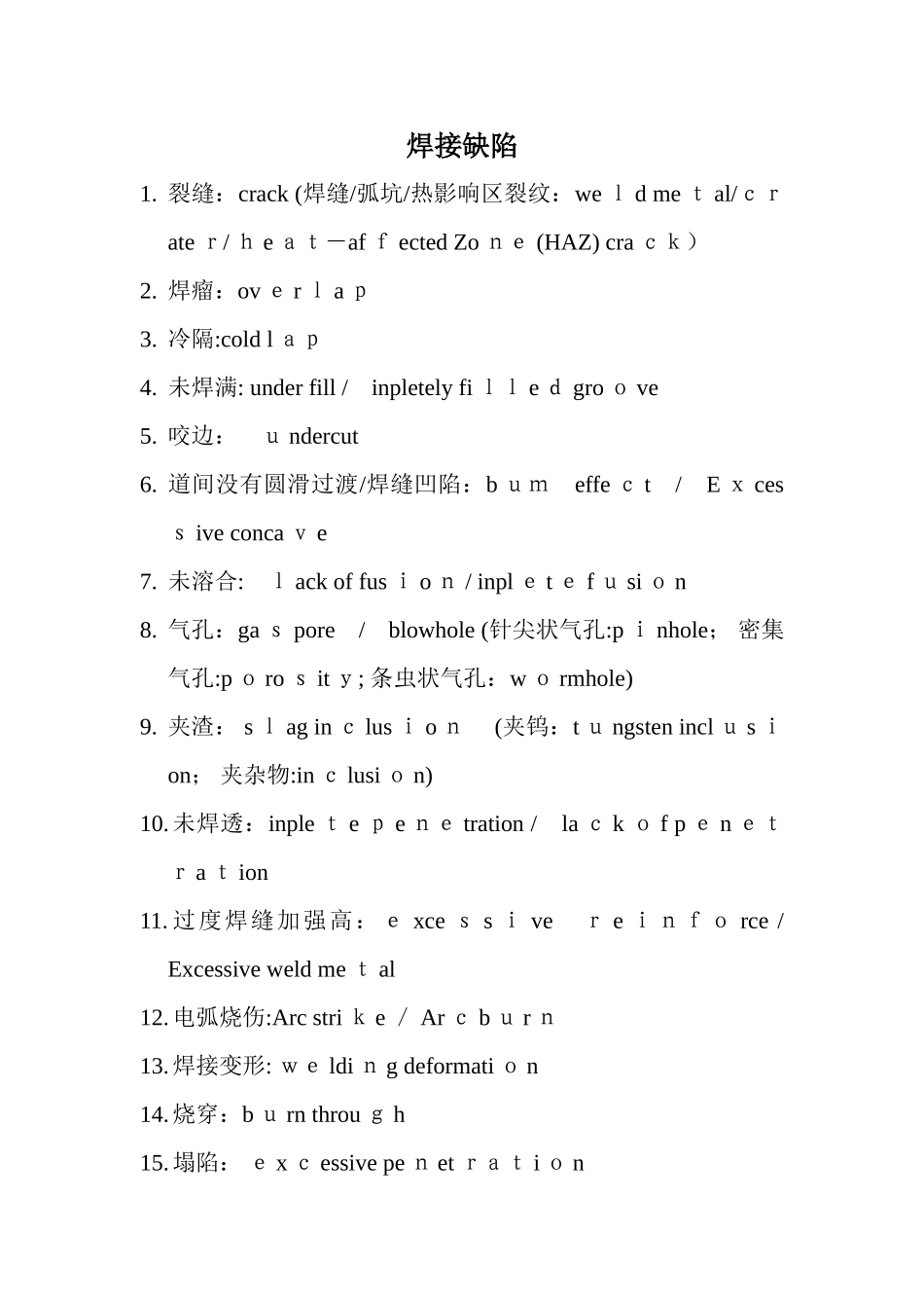焊接缺陷中英文对照_第1页