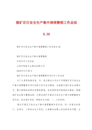 煤矿百日安全生产集中清理整顿工作总结9.1