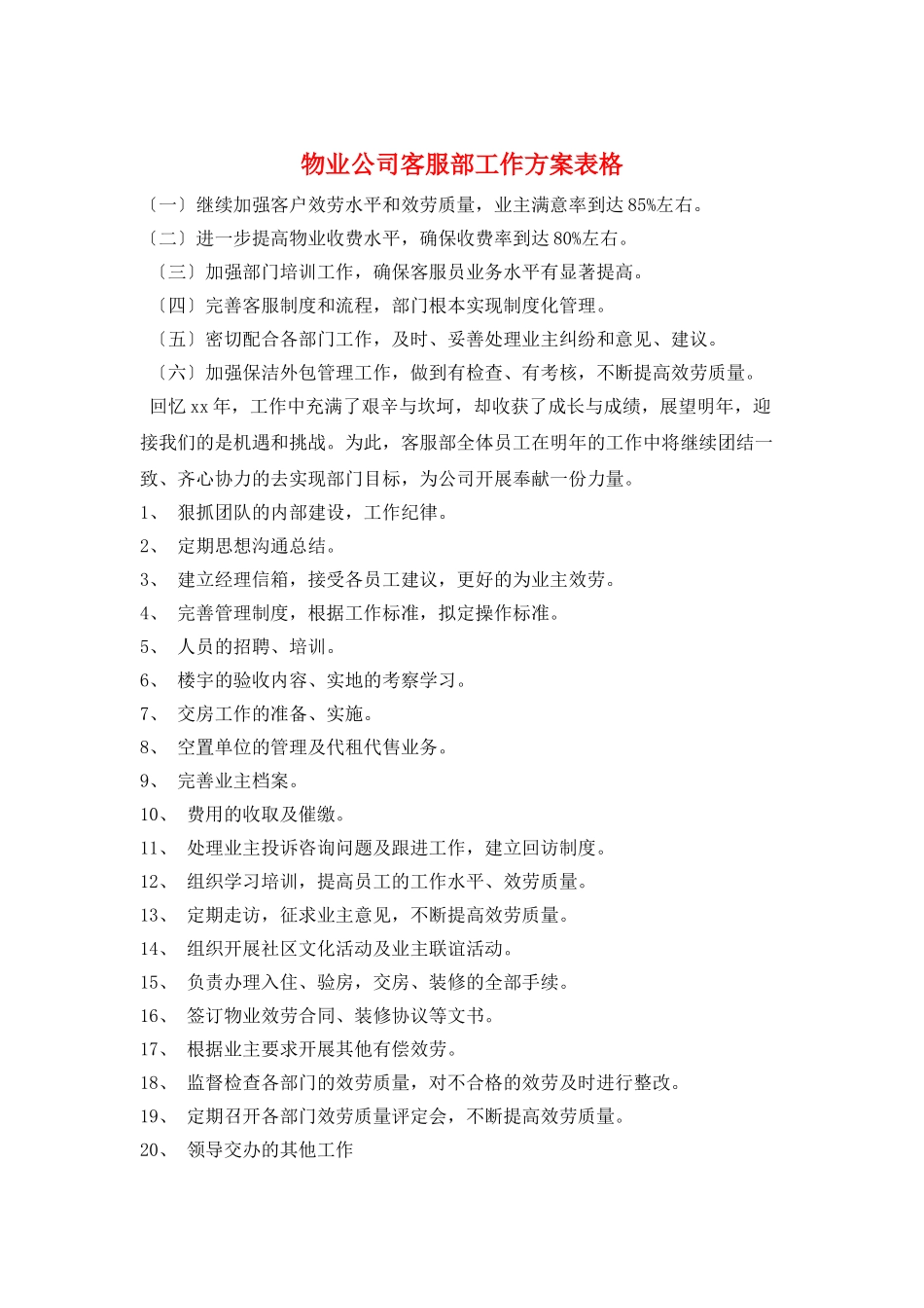 物业公司客服部工作计划表格_第1页