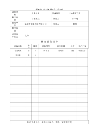 物业设备移交清单