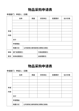 物品采购申请表word模板（标准版）