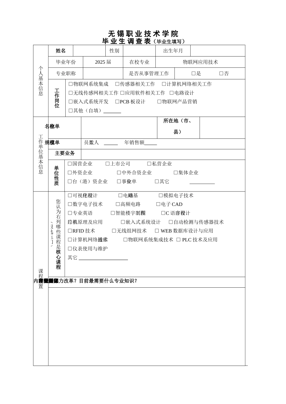 物联网应用技术专业毕业生调查表_第1页