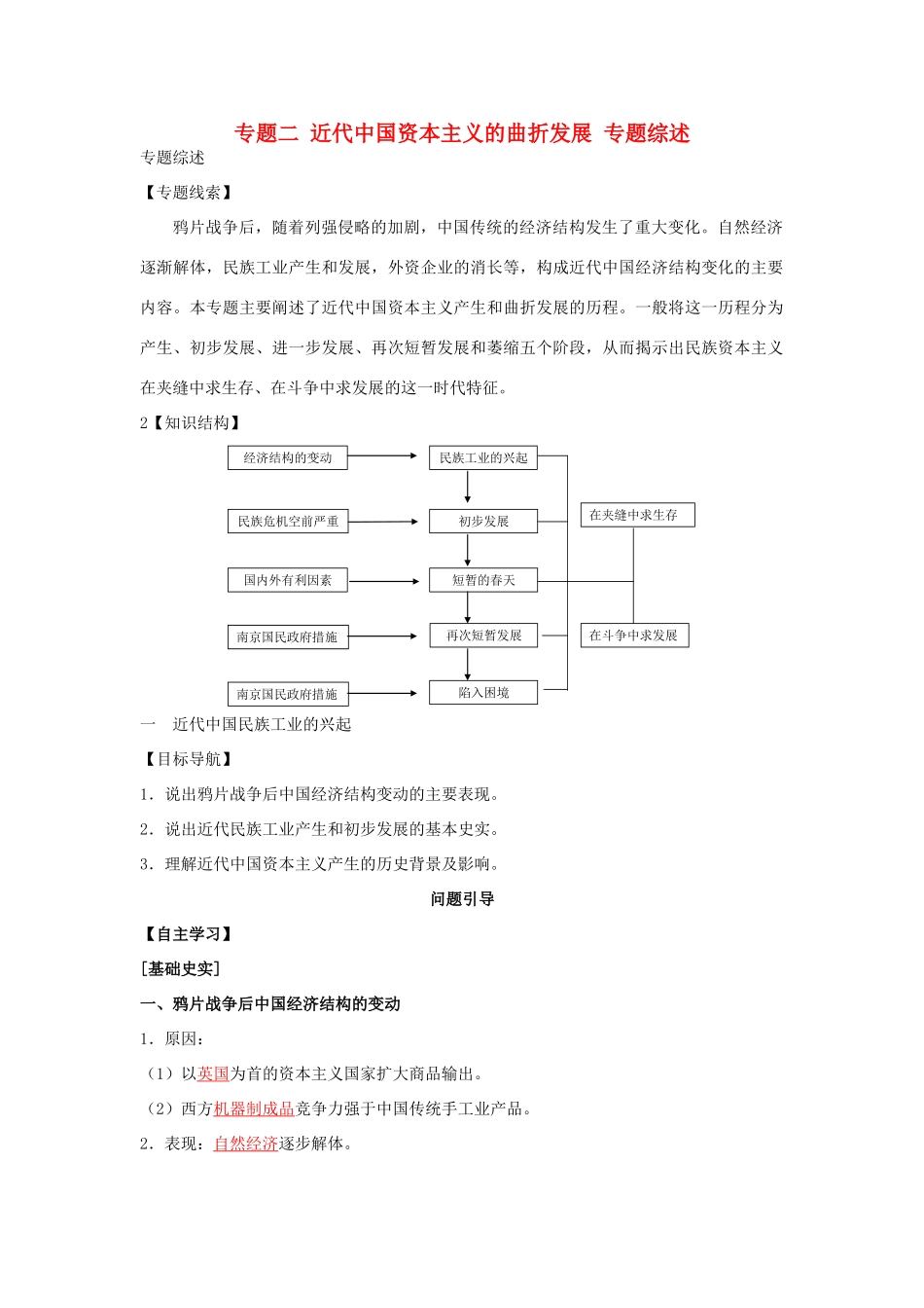 高中历史 专题二 近代中国资本主义的曲折发展专题综述 人民版必修2-人民版高一必修2历史素材_第1页