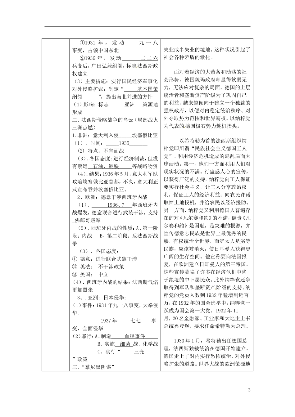 高中历史 专题三 第1课 第二次世界大战前夜教案 人民版选修3-人民版高二选修3历史教案_第3页