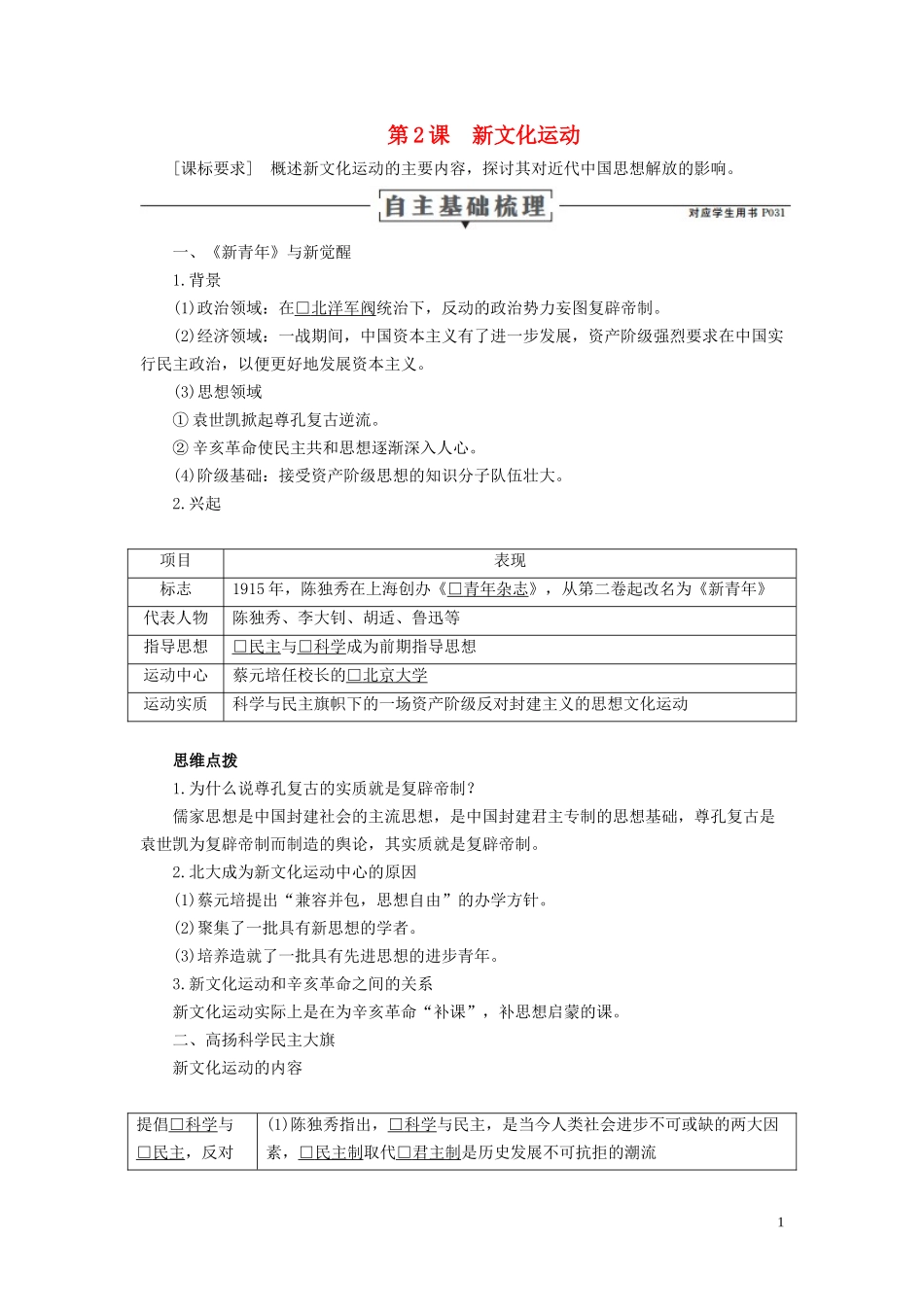 高中历史 专题三 近代中国思想解放的潮流 第2课 新文化运动讲义 人民版必修3-人民版高二必修3历史教案_第1页