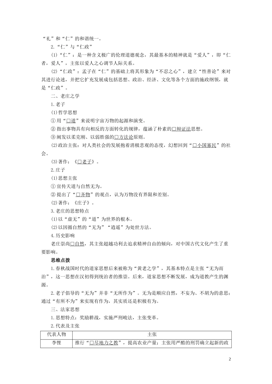 高中历史 专题一 中国传统文化主流思想的演变 第1课 百家争鸣讲义 人民版必修3-人民版高二必修3历史教案_第2页