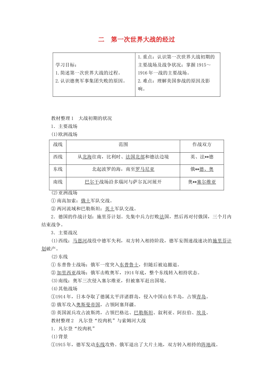 高中历史 专题1 第一次世界大战 2 第一次世界大战的经过教案（含解析）人民版选修3-人民版高二选修3历史教案_第1页
