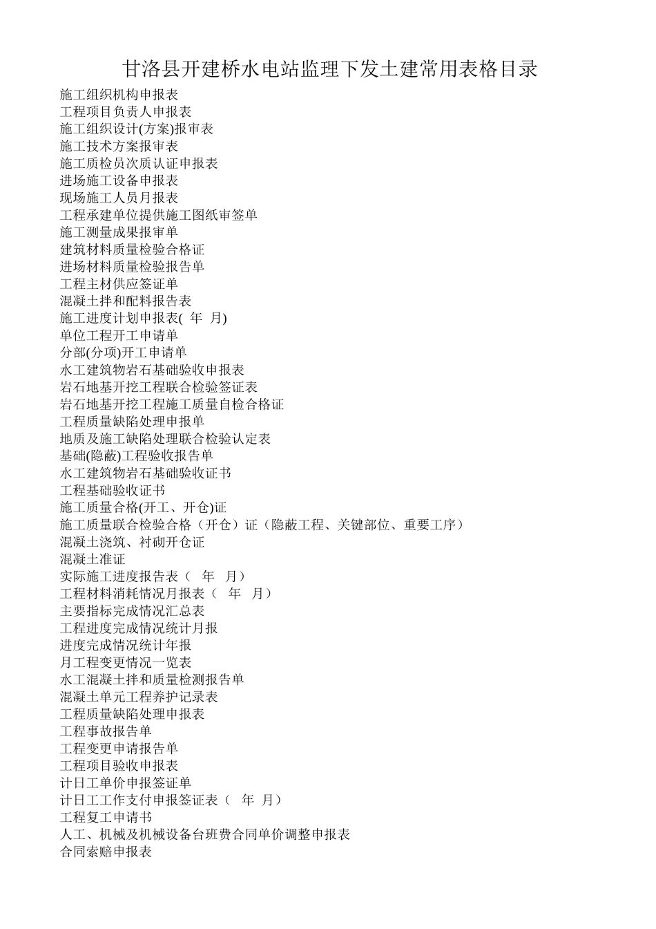 甘洛县开建桥水电站监理下发土建常用表格_第1页