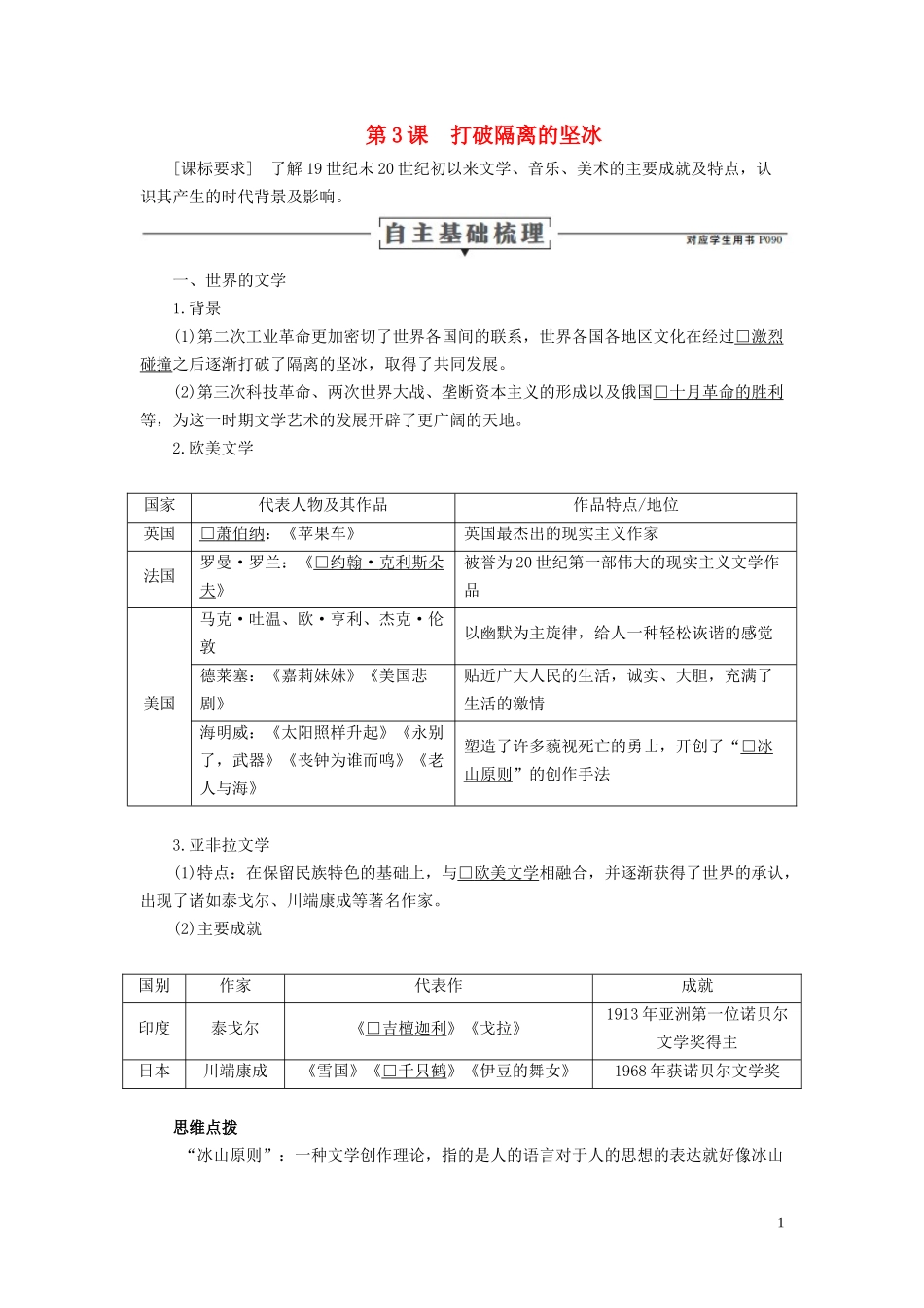 高中历史 专题八 19世纪以来的文学艺术 第3课 打破隔离的坚冰讲义 人民版必修3-人民版高二必修3历史教案_第1页