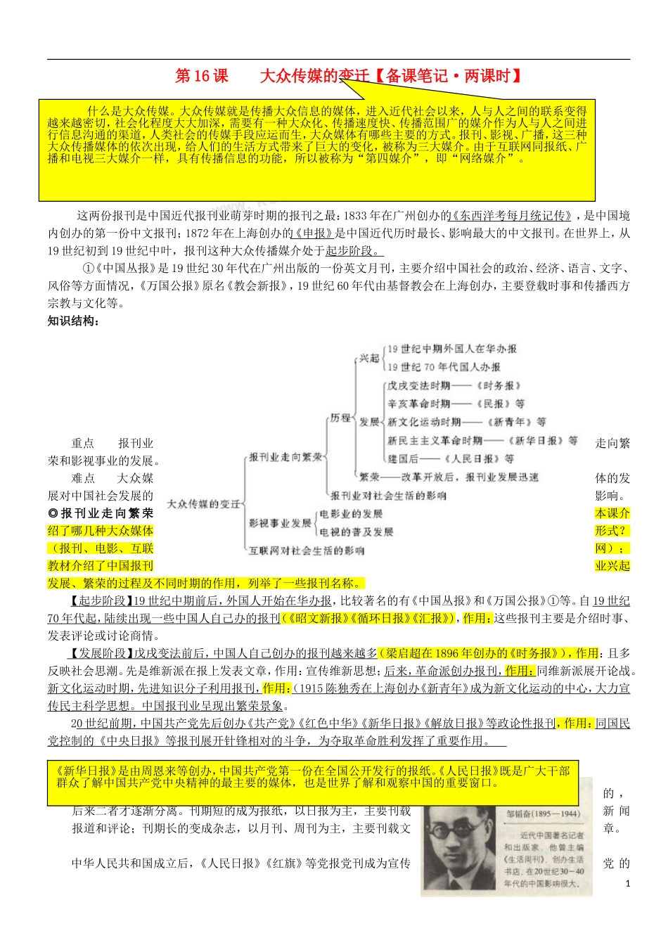 高中历史 大众传媒的变迁 备课笔记•两课时 新人教版必修2_第1页