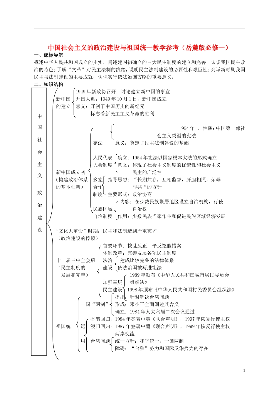 高中历史 中国社会主义的政治建设与祖国统一教案 岳麓版必修1_第1页