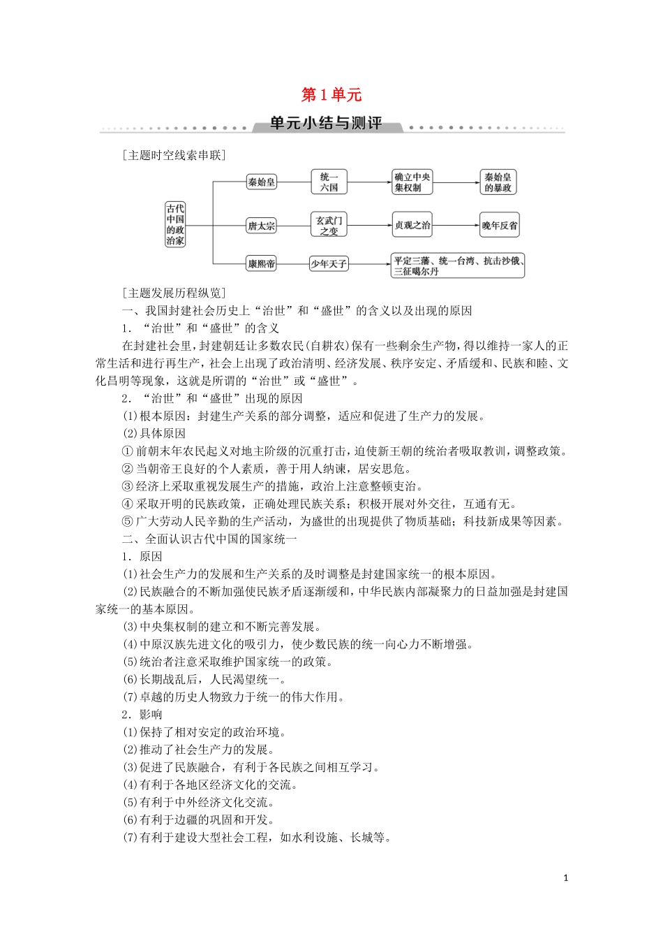 高中历史 第1单元 中国古代的政治家单元小结与测评教学案（含解析）新人教版选修4-新人教版高二选修4历史教学案_第1页