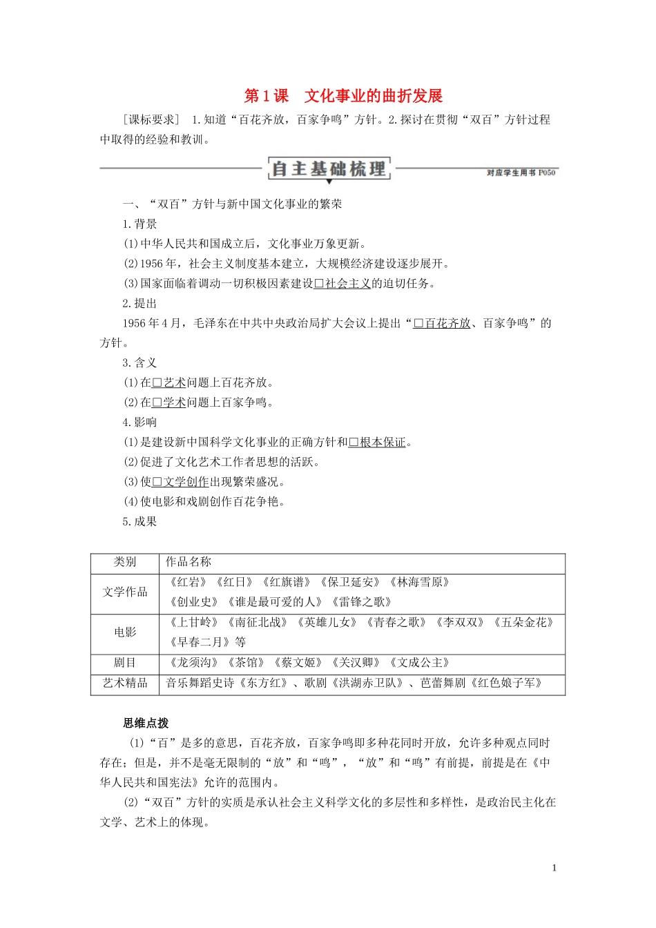 高中历史 专题五 现代中国的文化与科技 第1课 文化事业的曲折发展讲义 人民版必修3-人民版高二必修3历史教案_第1页