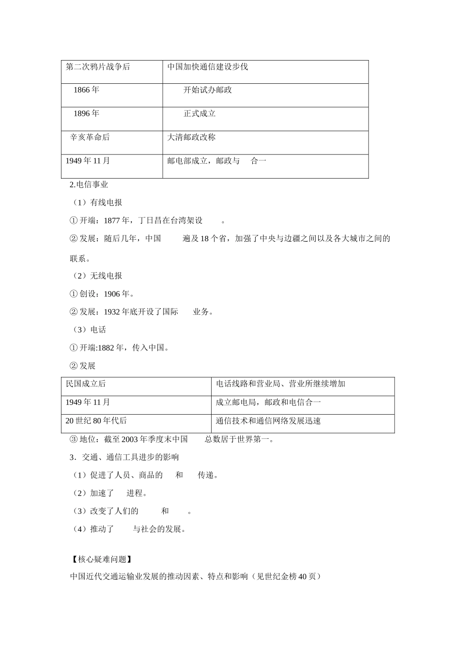 高中历史 专题四 中国近现代社会生活的变迁第2节《交通和通信工具的进步》参考学案1 人民版必修2_第3页