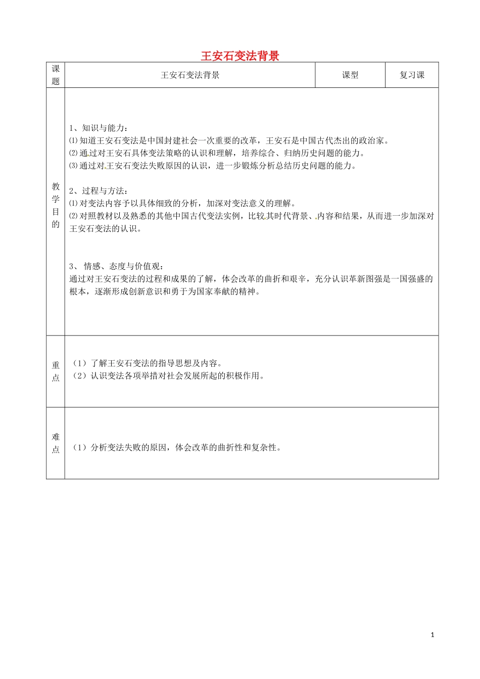 高中历史 王安石变法背景复习课教学设计 人民版选修1-人民版高三选修1历史教案_第1页