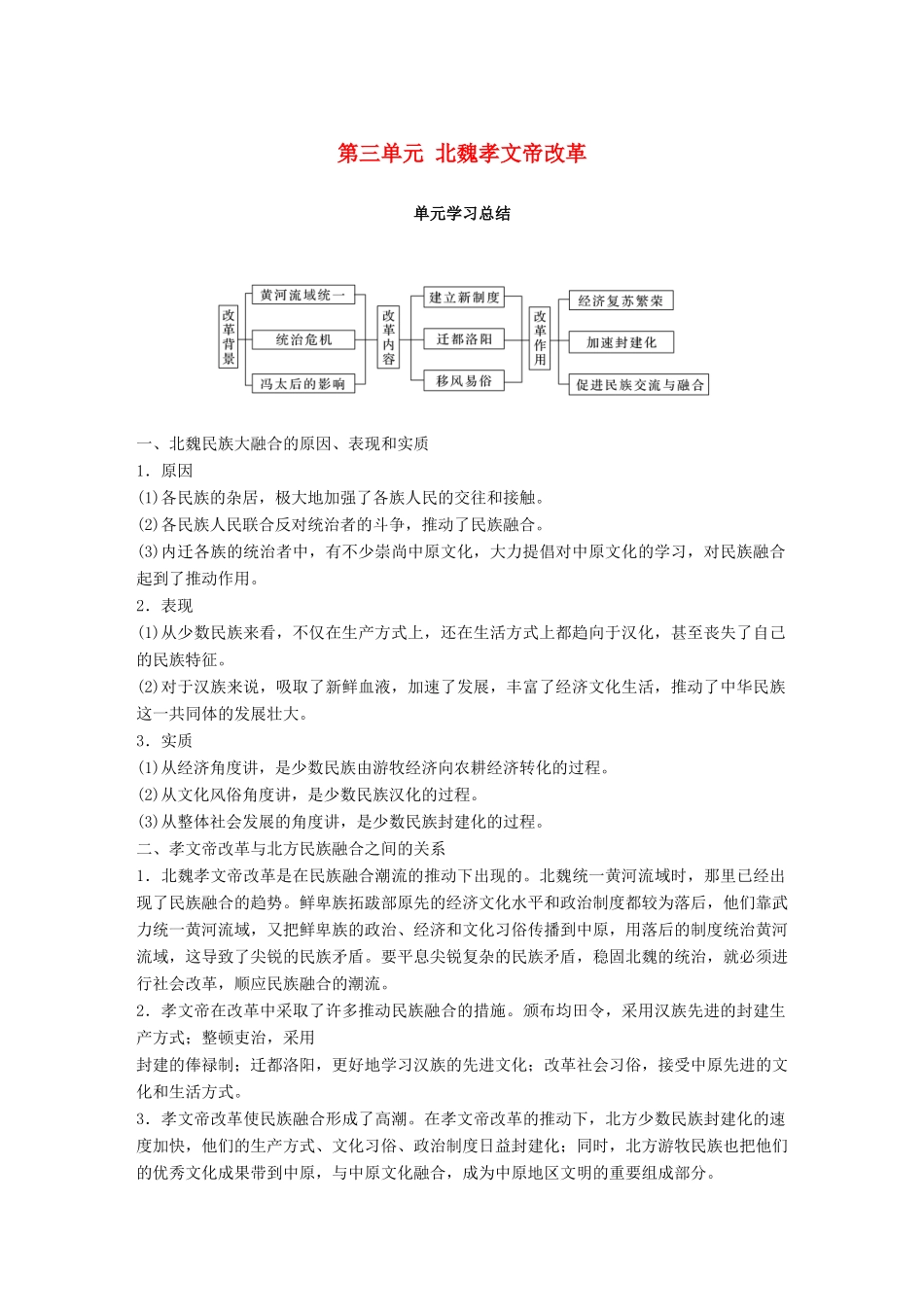 高中历史 第三单元 北魏孝文帝改革单元学习总结教学案 新人教版选修1-新人教版高二选修1历史教学案_第1页