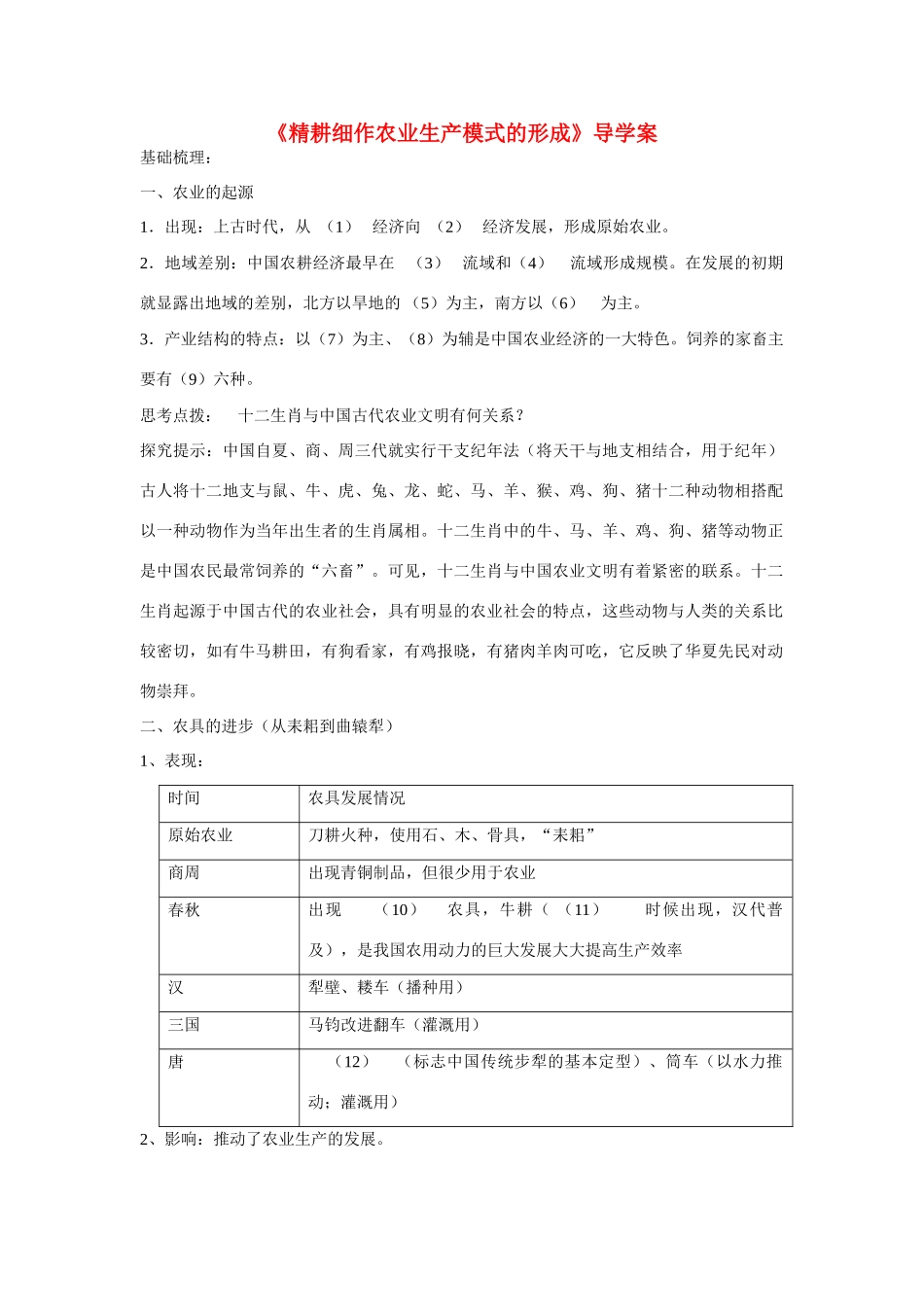 高中历史 第一单元 中国古代的农耕经济第１节《精耕细作农业生产模式的形成》导学案2 岳麓版必修2_第1页