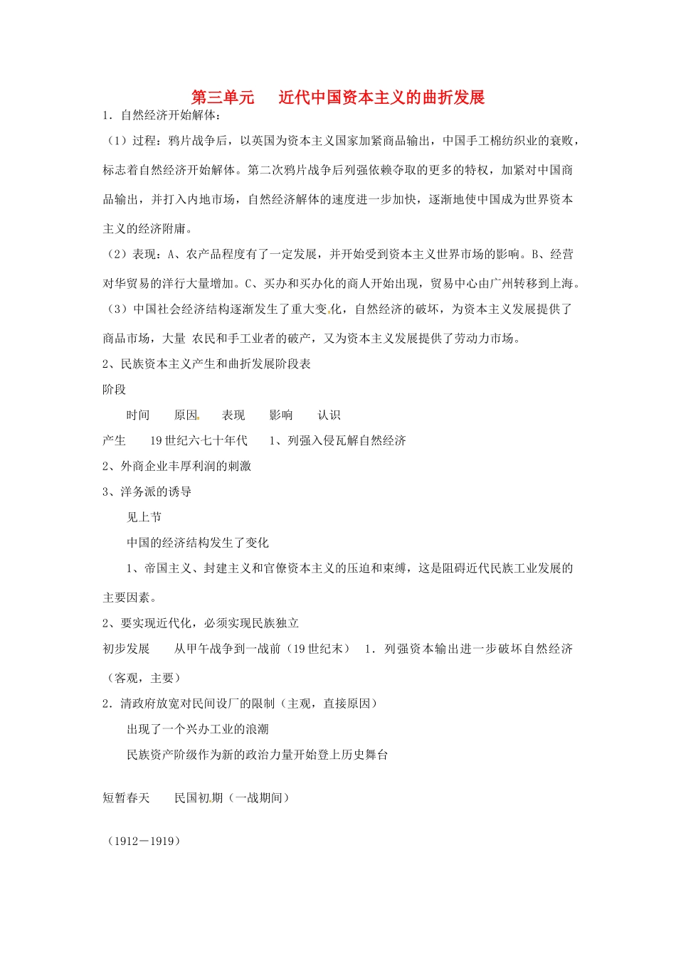 高中历史 第三单元《近代中国经济结构的变动与资本主义的曲折发展》知识点总结 新人教版必修2-新人教版高一必修2历史素材_第1页
