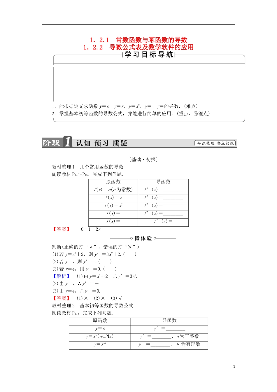 高中数学 1.2.1 1.2.2 导数公式表及数学软件的应用学案 新人教B版选修2-2-新人教B版高中选修2-2数学学案_第1页