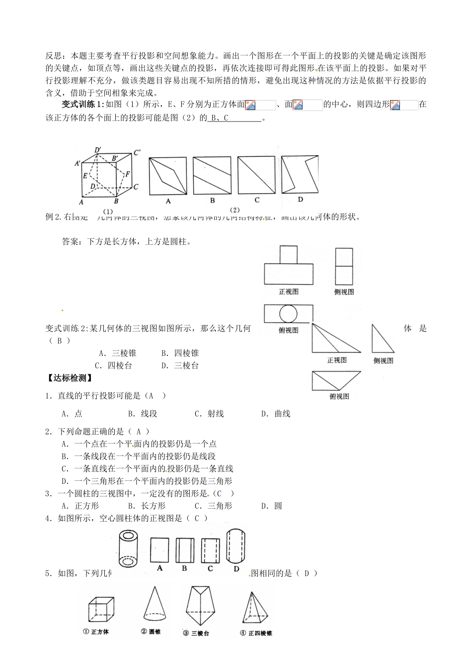 高中数学 1.2.1空间几何体的投影与三视图导学案 新人教A版必修2-新人教A版高一必修2数学学案_第2页
