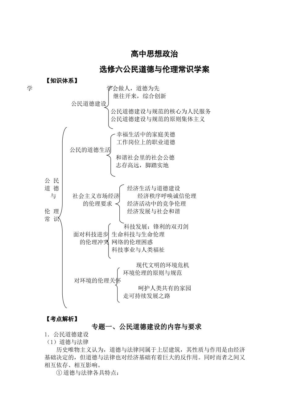 高中思想政治公民道德与伦理常识学案 人教版选修6_第1页