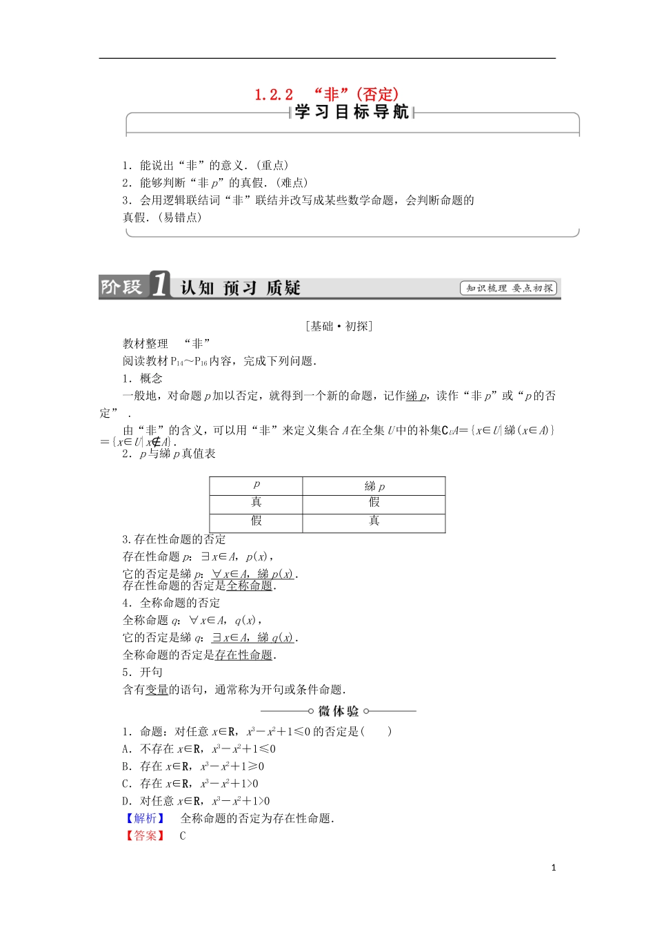 高中数学 1.2.2“非”（否定）学案 新人教B版选修2-1-新人教B版高中选修2-1数学学案_第1页