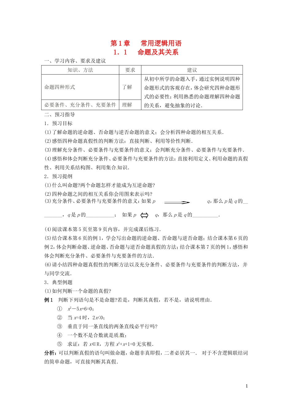 高中数学 1.1命题及其关系学案 苏教版选修2-1-苏教版高二选修2-1数学学案_第1页