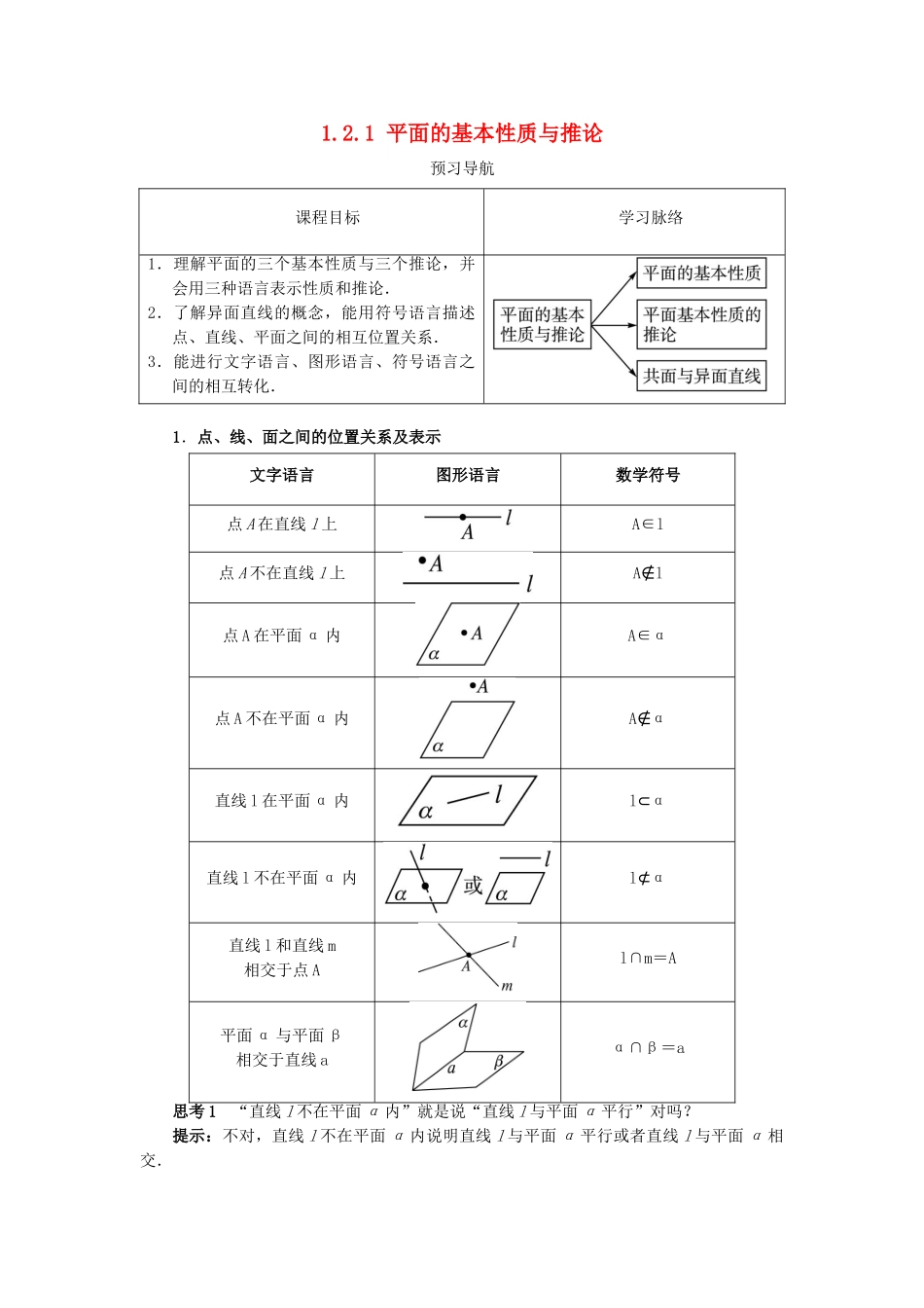 高中数学 1.2 点、线、面之间的位置关系 1.2.1 平面的基本性质与推论预习导学案 新人教B版必修2-新人教B版高一必修2数学学案_第1页