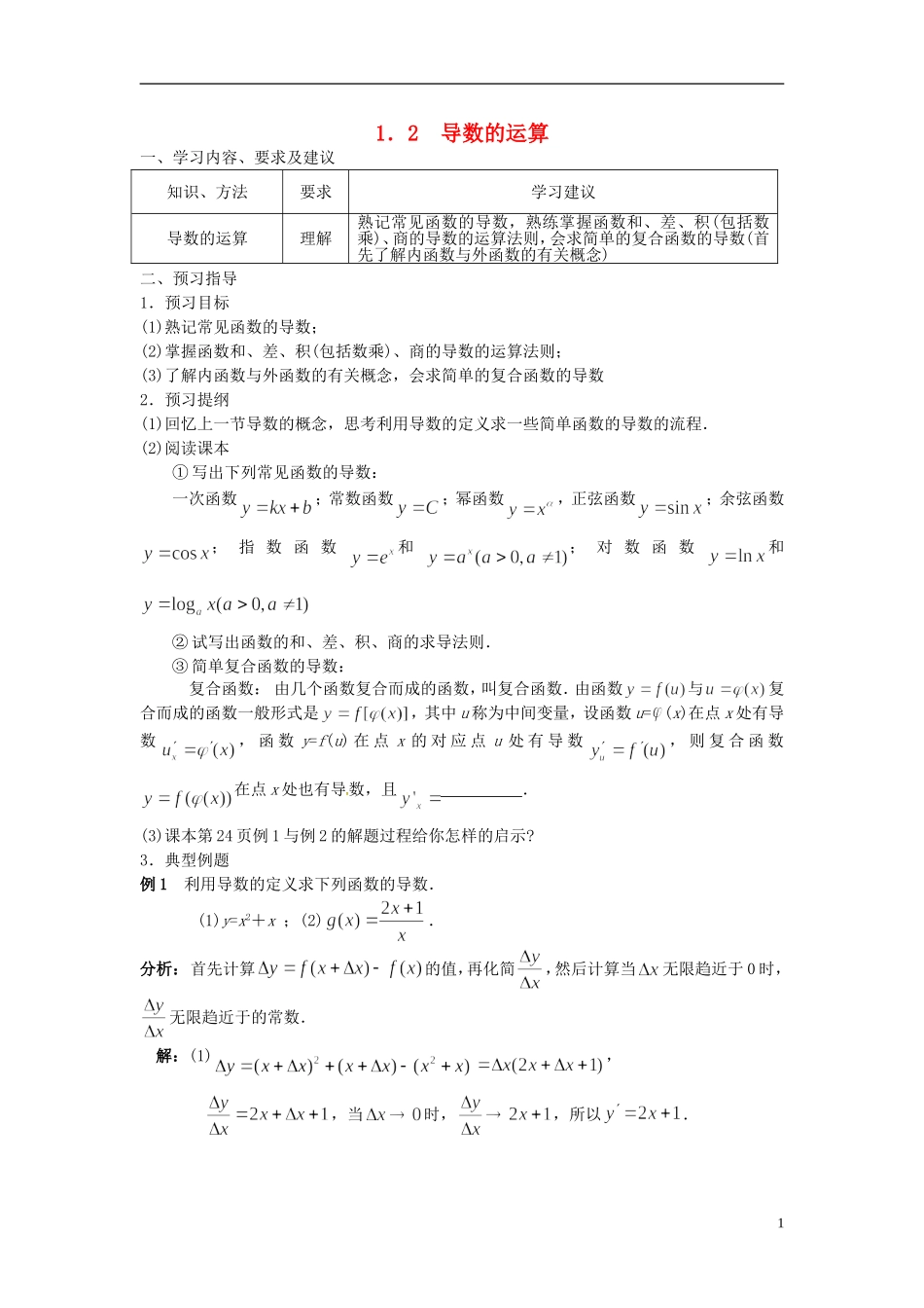 高中数学 1.2导数的运算学案 苏教版选修2-2-苏教版高二选修2-2数学学案_第1页