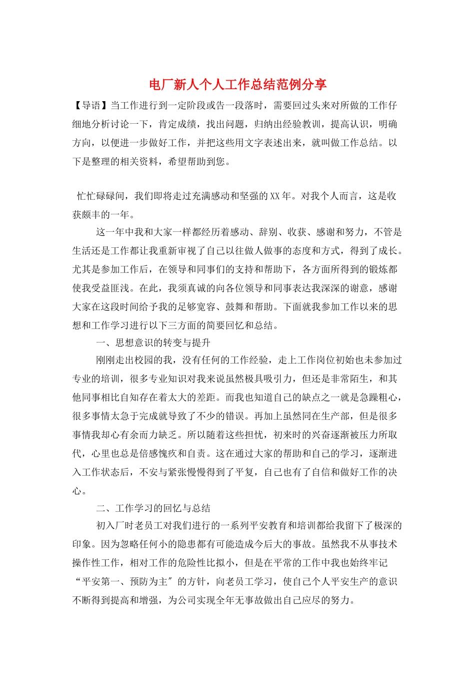 电厂新人个人工作总结范例分享_第1页