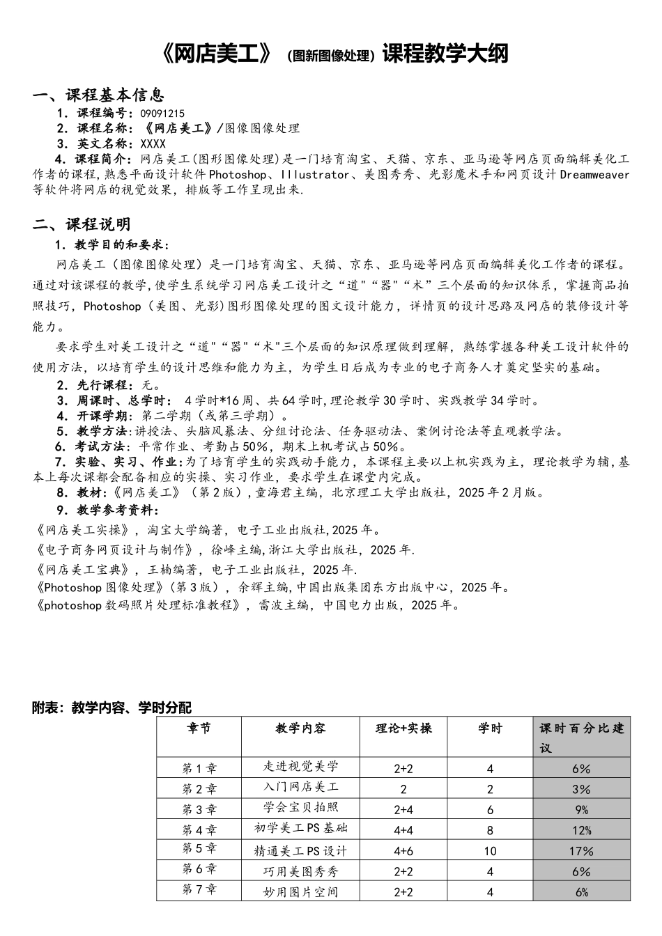 电子商务专业《网店美工》课程教学大纲_第1页