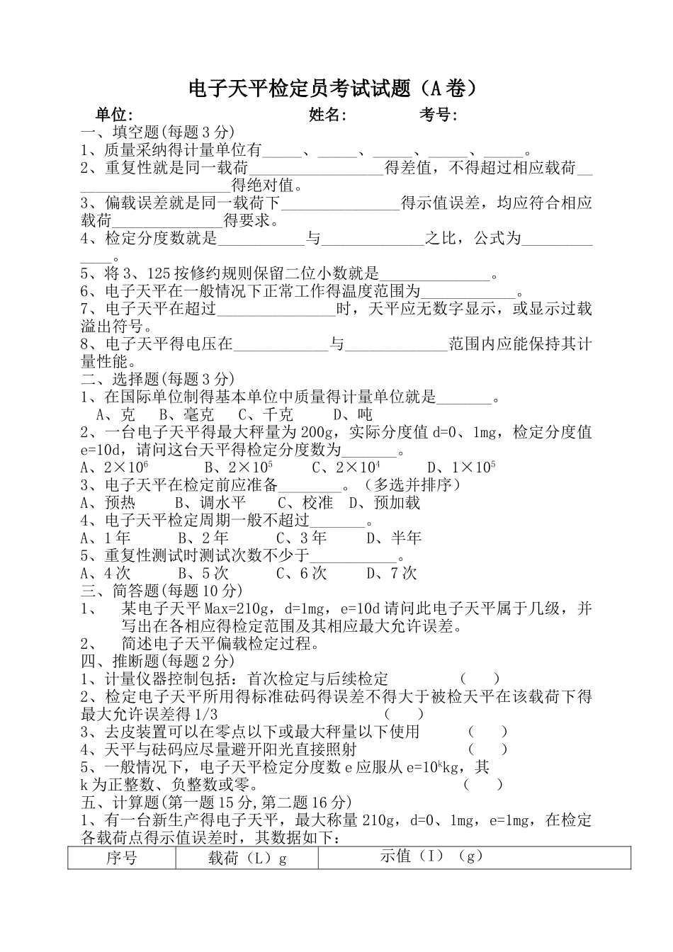 电子天平检定员考试试题（A卷）_第1页