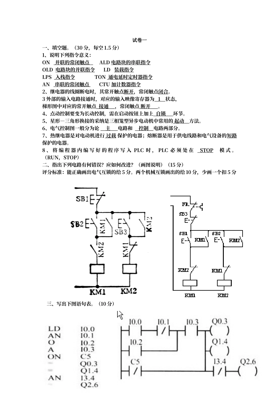 电气控制与PLC应用期末考试卷子_第1页