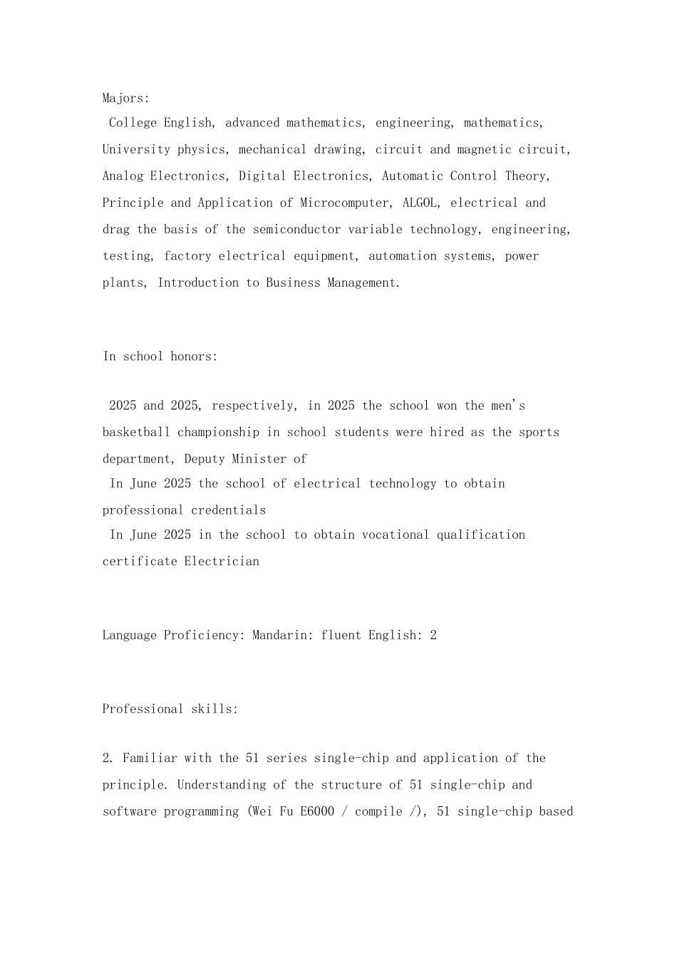 电气自动化专业英文简历范文_第2页
