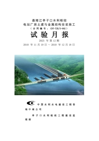 电站厂房土建与金属结构安装施工试验月报