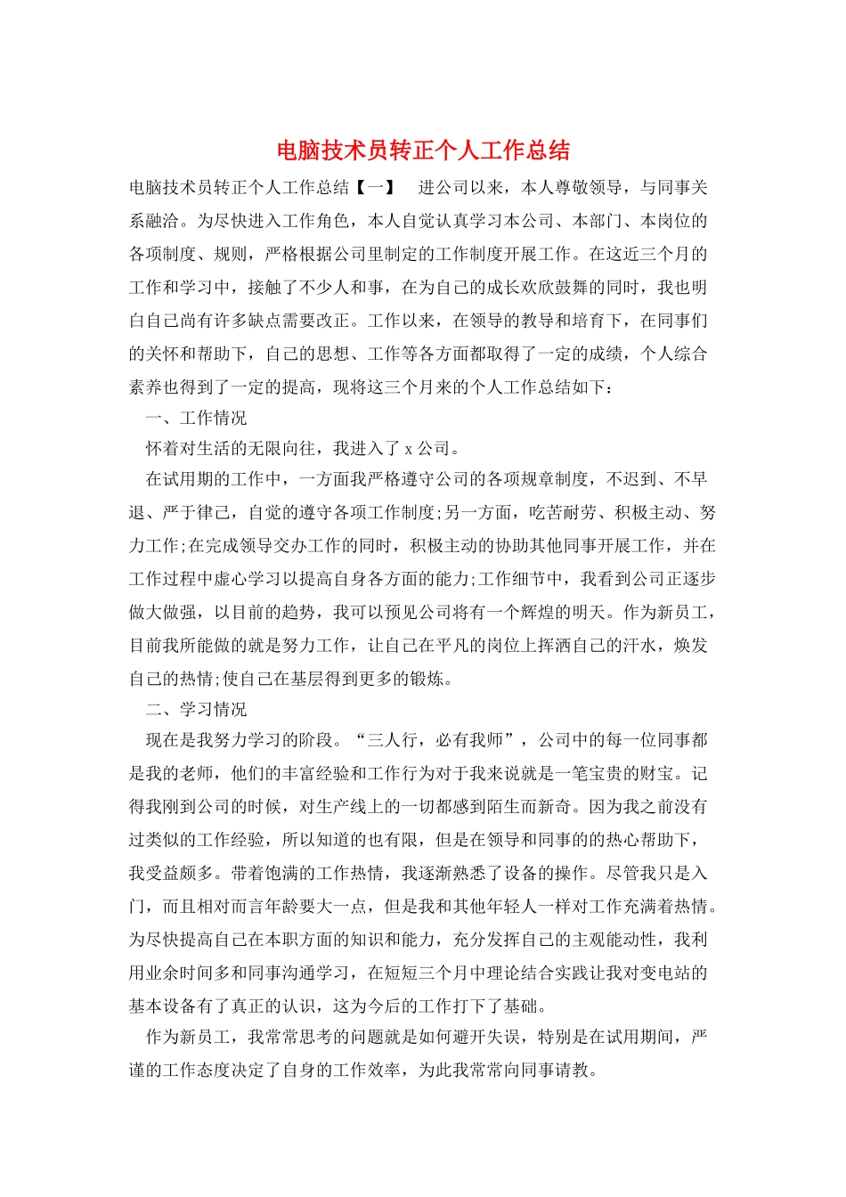 电脑技术员转正个人工作总结_第1页
