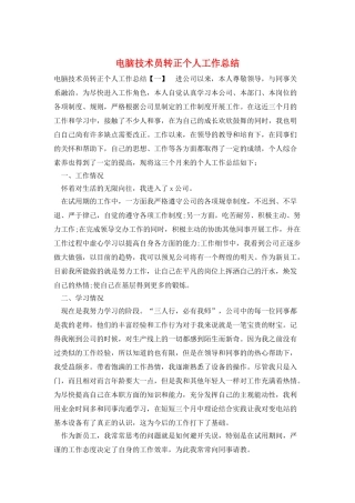电脑技术员转正个人工作总结